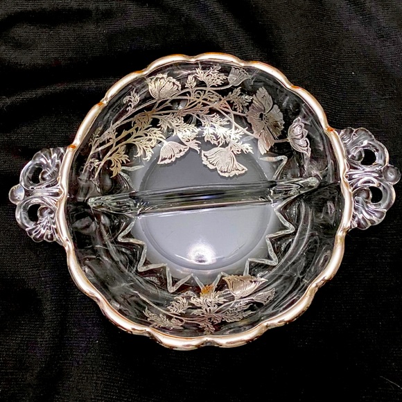 VINTAGE STERLING SILVER OVERLAY DEVIDED GLASS BOWL